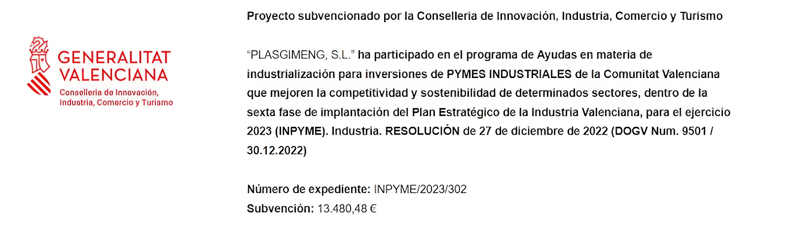 Subvención Generalitat Valenciana - Plasgimeng